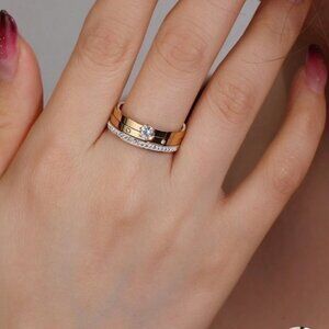 Elegant Solid Color Stainless Steel Zircon Gold Plated Inlay Rings